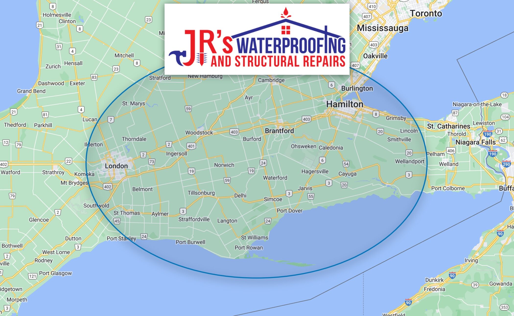 JR's Waterproofing and Structural Repair Service Area on a Map
